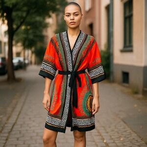 COOFANDY Kimono Robe Orange Greek Key Print Open Front Duster Cardigan‎ Large